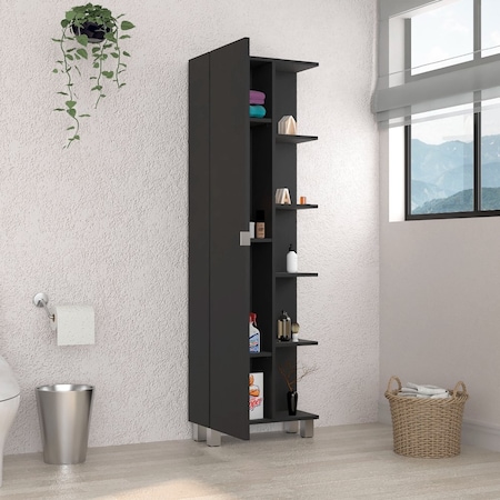 Urano Mirror Linen Cabinet, Four Interior Shelves, Five External Shelves, Black